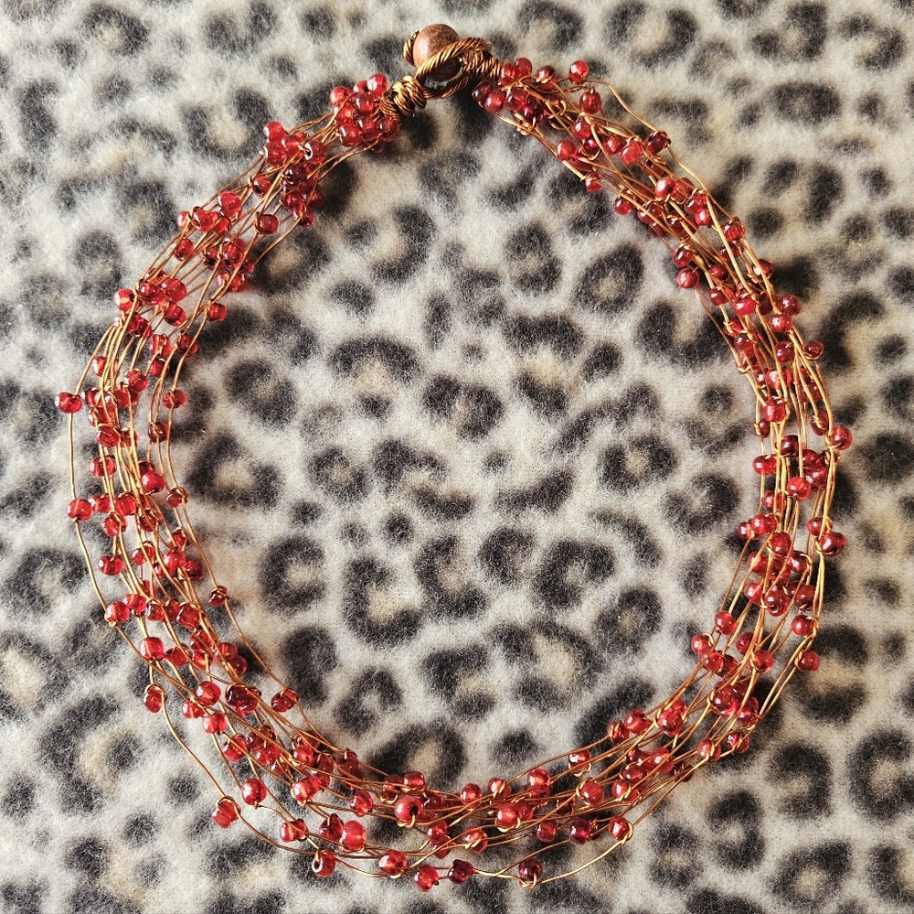 Handcrafted Bright Red Glass Beads with Copper Wire Multi-Strand Choker Necklace